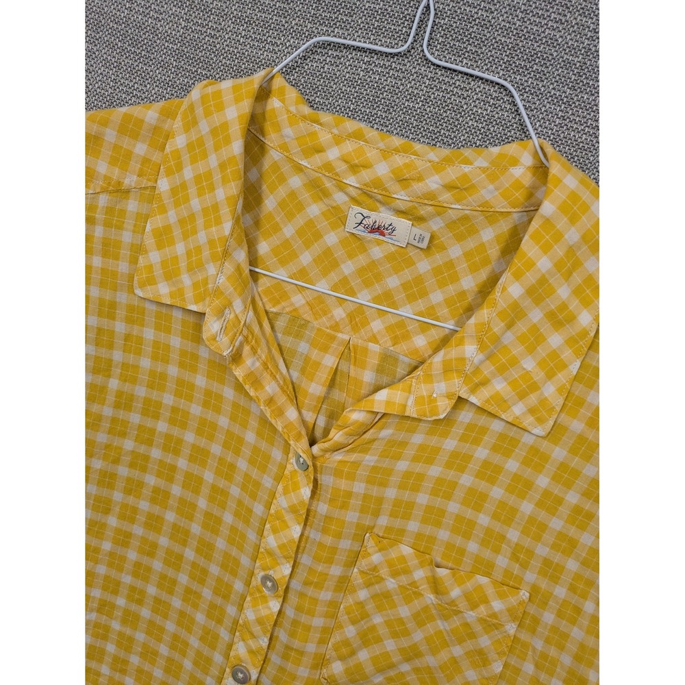 Faherty Shirt Womens Large Yellow Check Button Up Cap Sleeve Cotton Top Casual